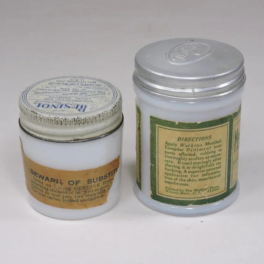 Vintage Watkins & Resinol Milk Glass Jars - Decor - Display - Empty No Contents - Picture 2 of 11